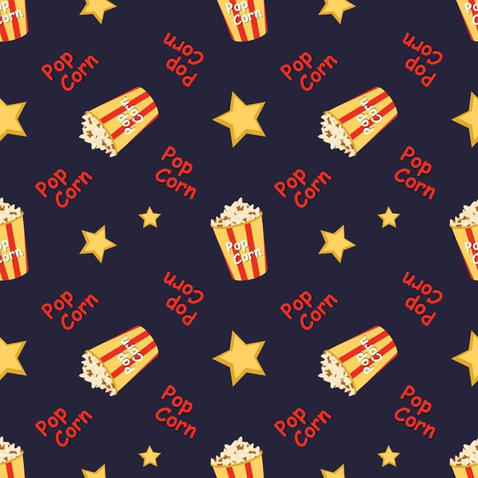 nahtloses Muster mit einer festlichen Schachtel mit Popcorn, Wörtern und Sternen vektor