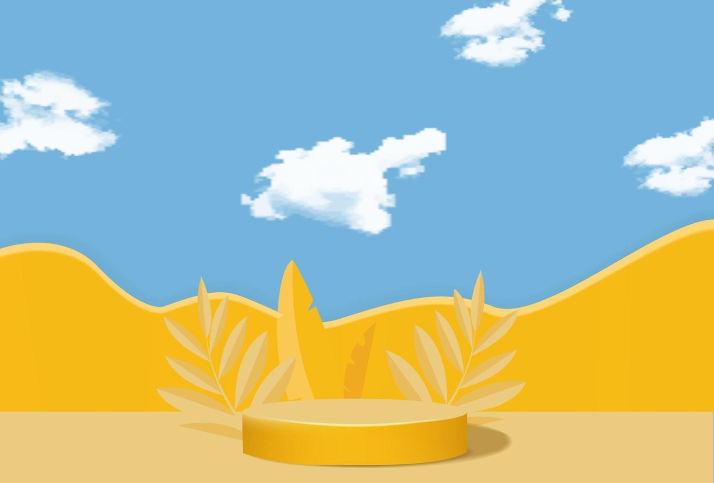 cylindrisk podium på en gul bakgrund med blad vektor