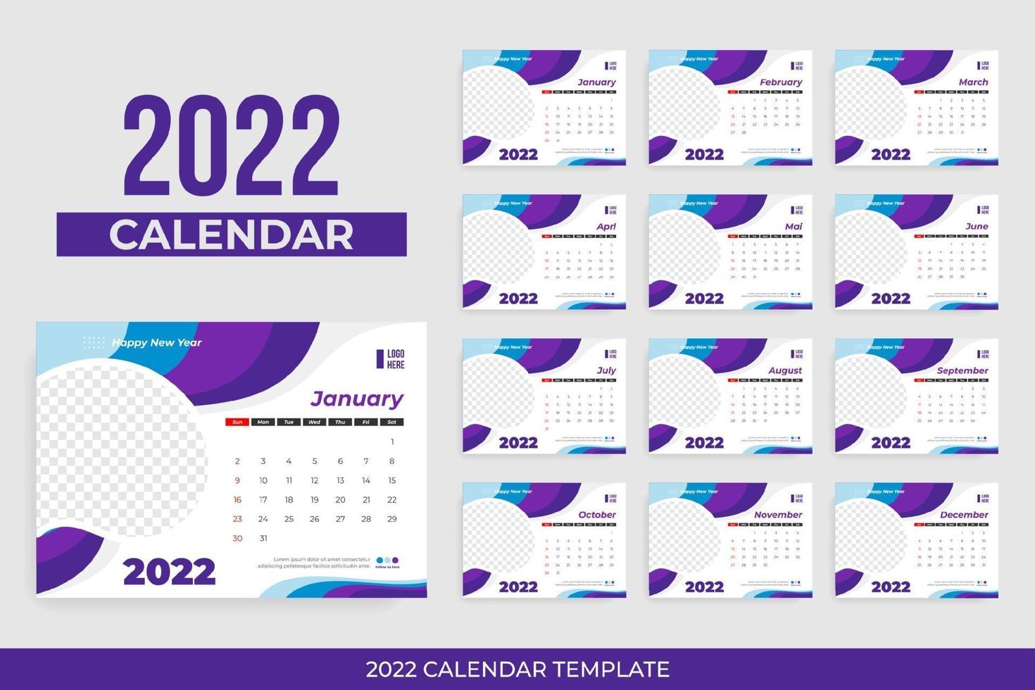 bunter Tischkalender 2022 Vorlage vektor