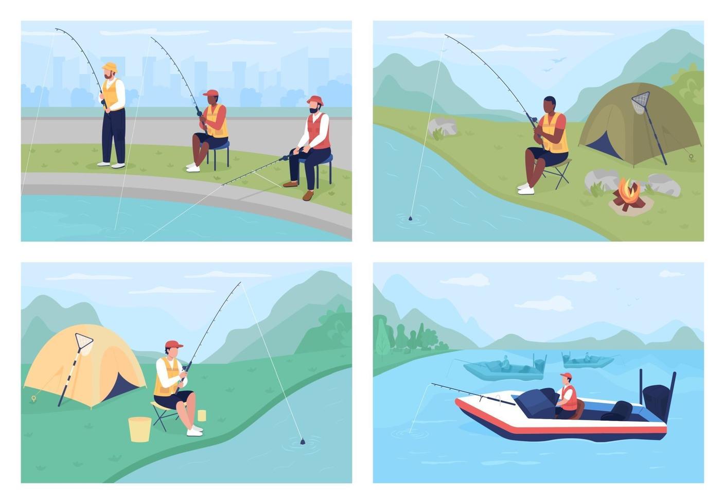 sportfiske platt färg vektor illustrationer set