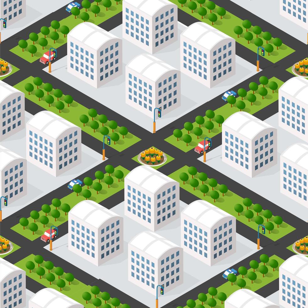städtische isometrische 3D-Darstellung eines Stadtblocks mit Häusern, Straßen. vektor