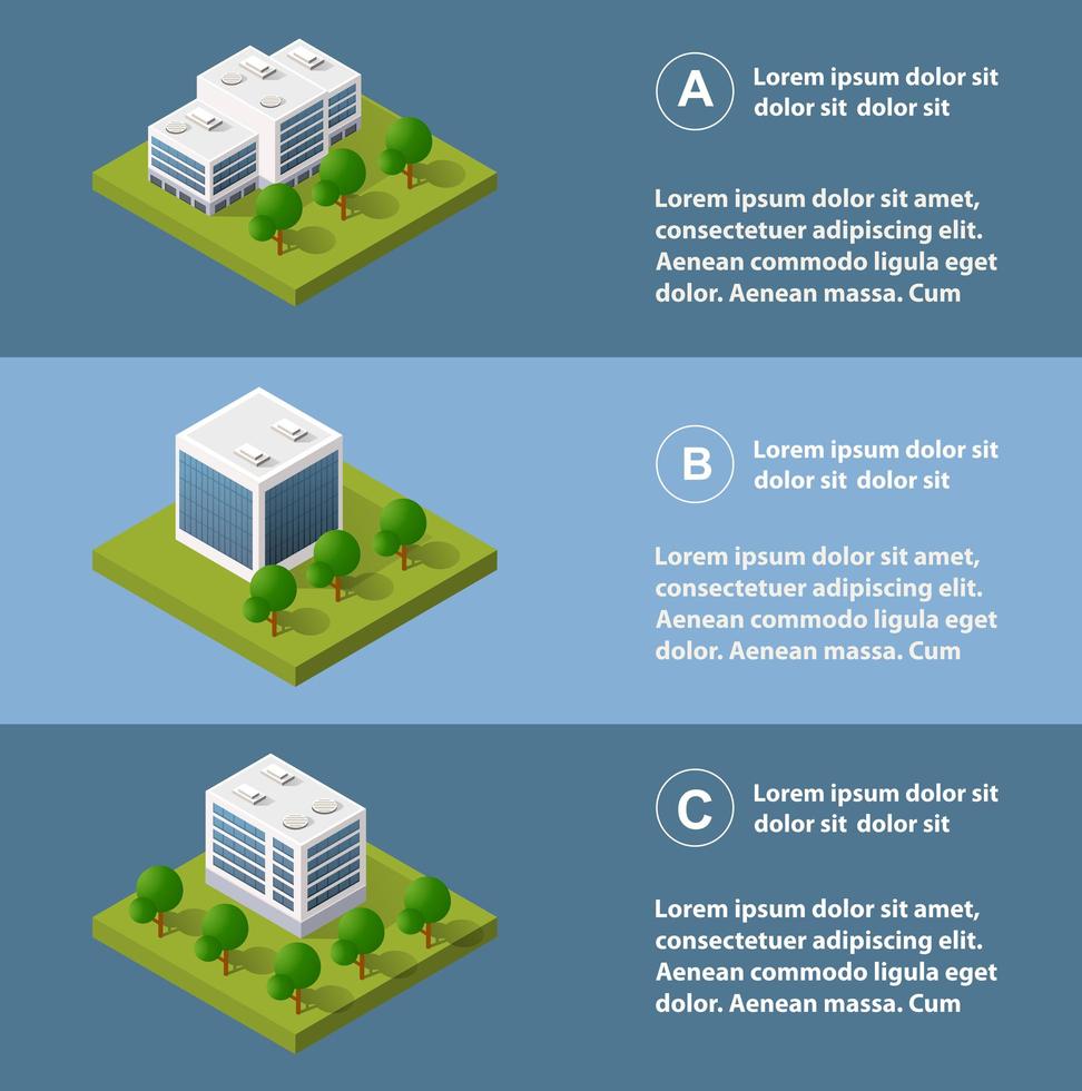 stadsinfografik i isometrisk med skyskrapor, gator och träd. vektor