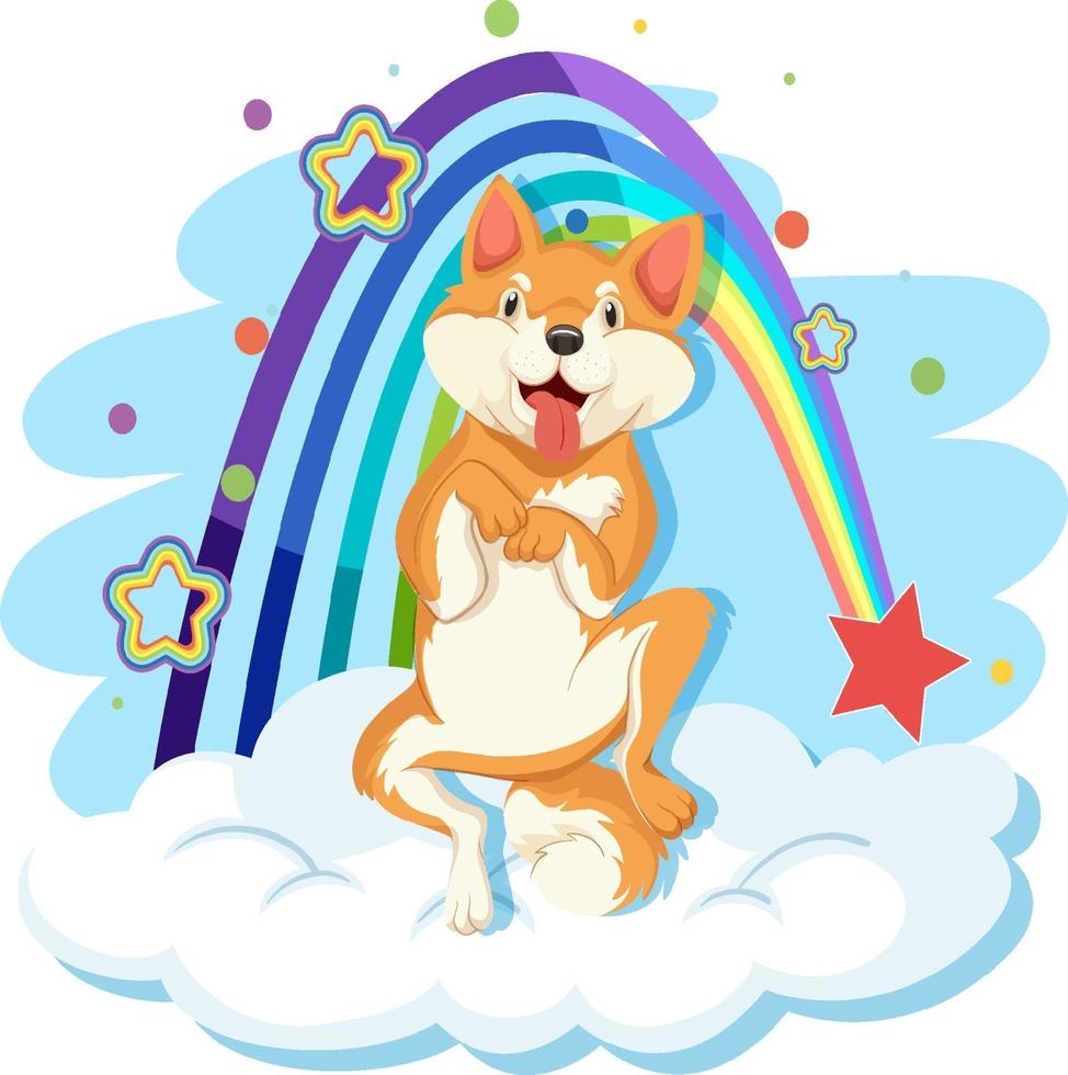 söt hund på molnet med regnbåge vektor