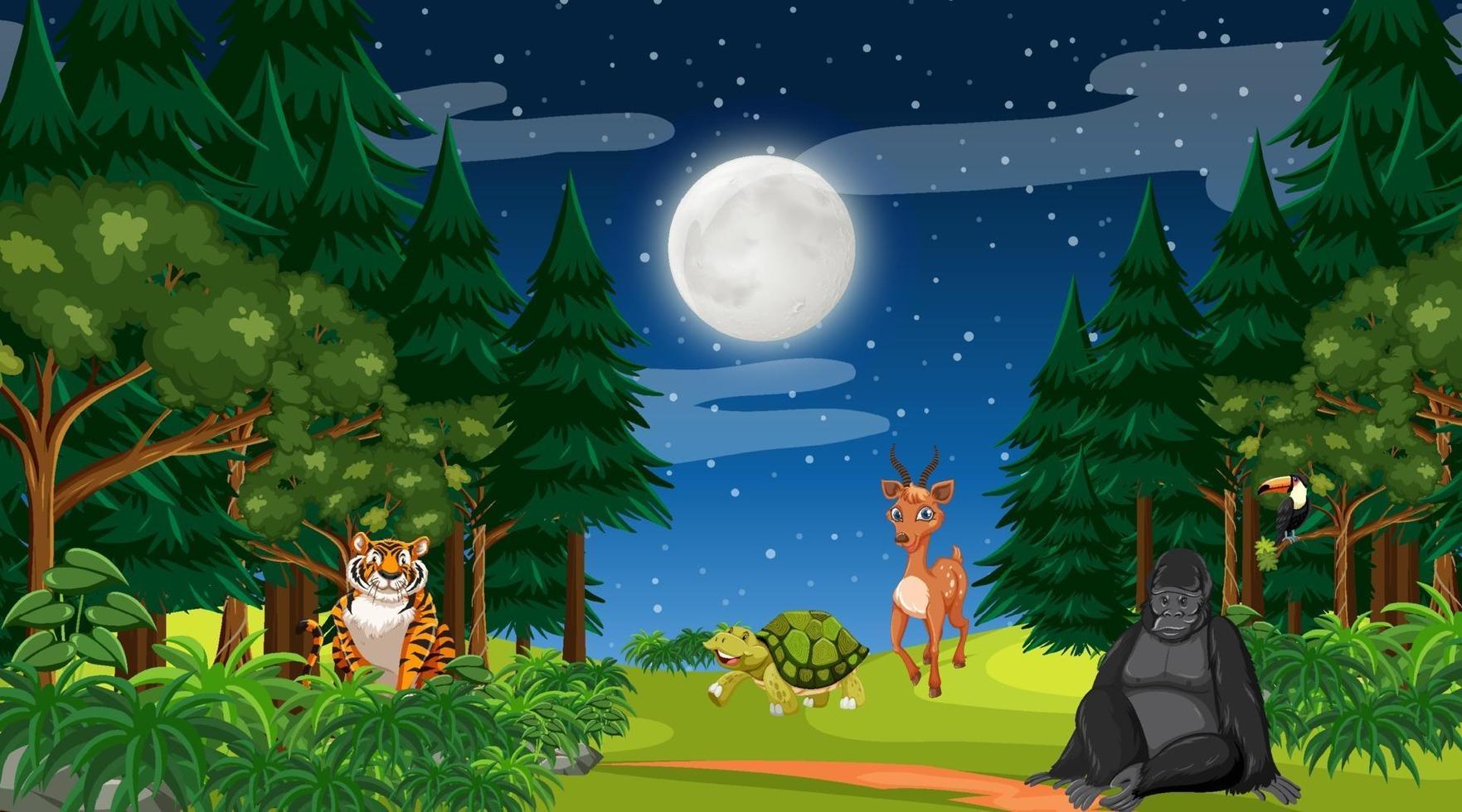 skog på nattscenen med olika vilda djur vektor