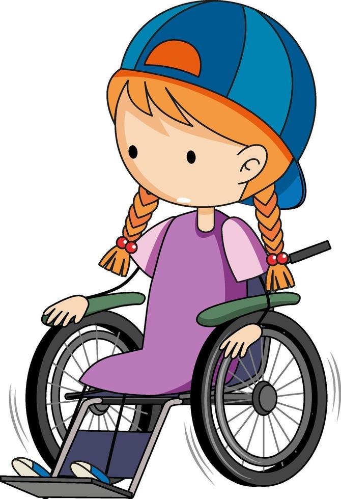 Gekritzelzeichentrickfigur eines Mädchens, das auf einem Rollstuhl sitzt vektor