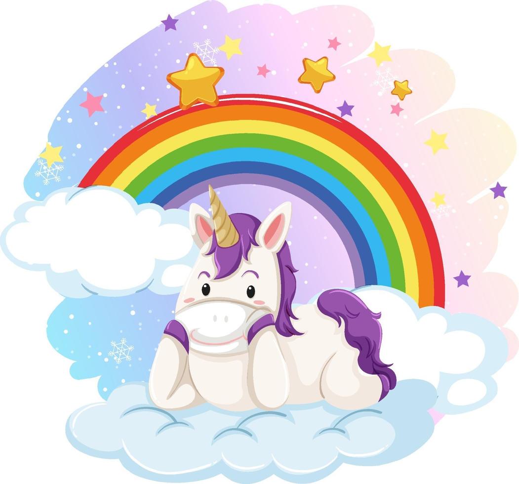 süßes Einhorn am Pastellhimmel mit Regenbogen vektor