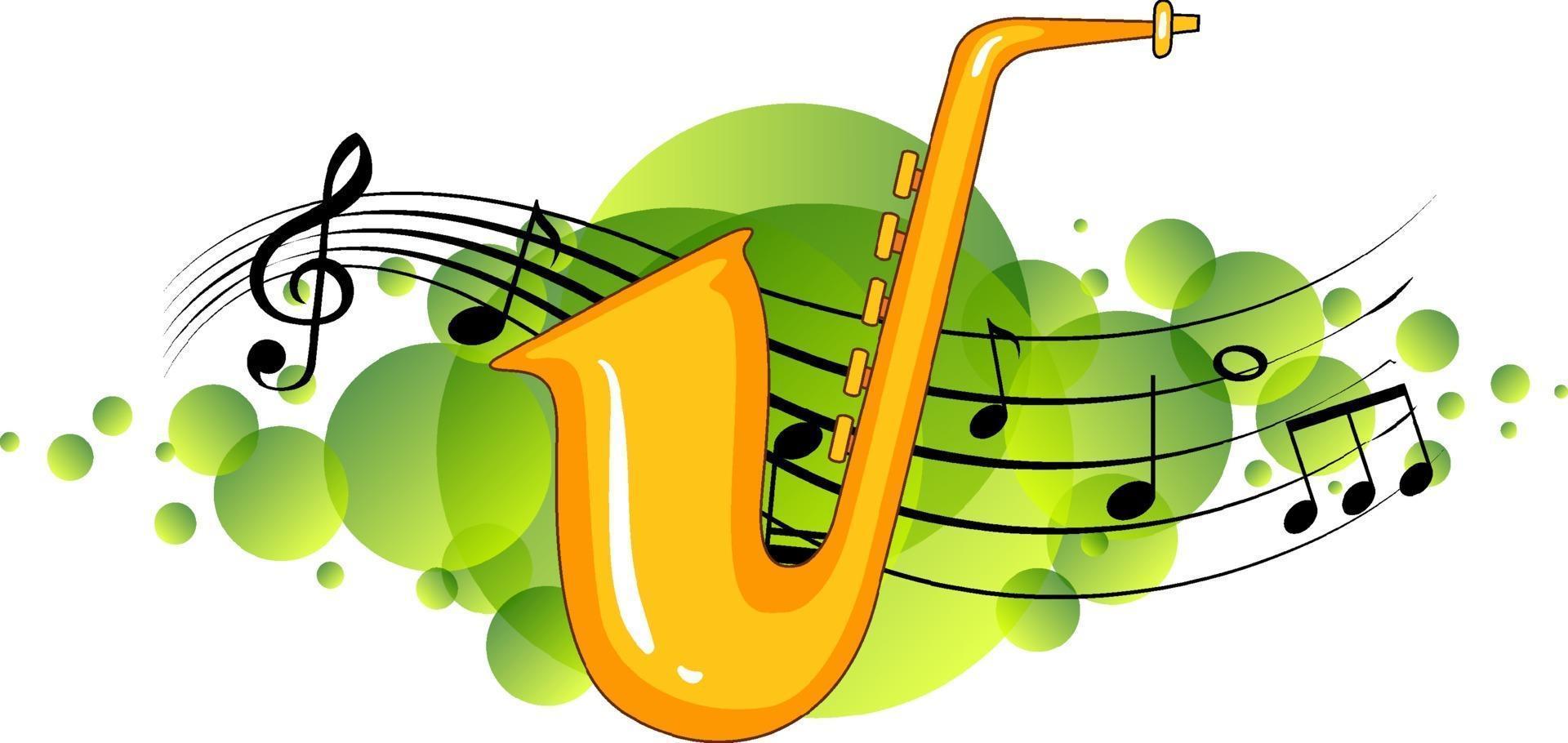saxofon musikinstrument med melodisymboler på grönt fläck vektor