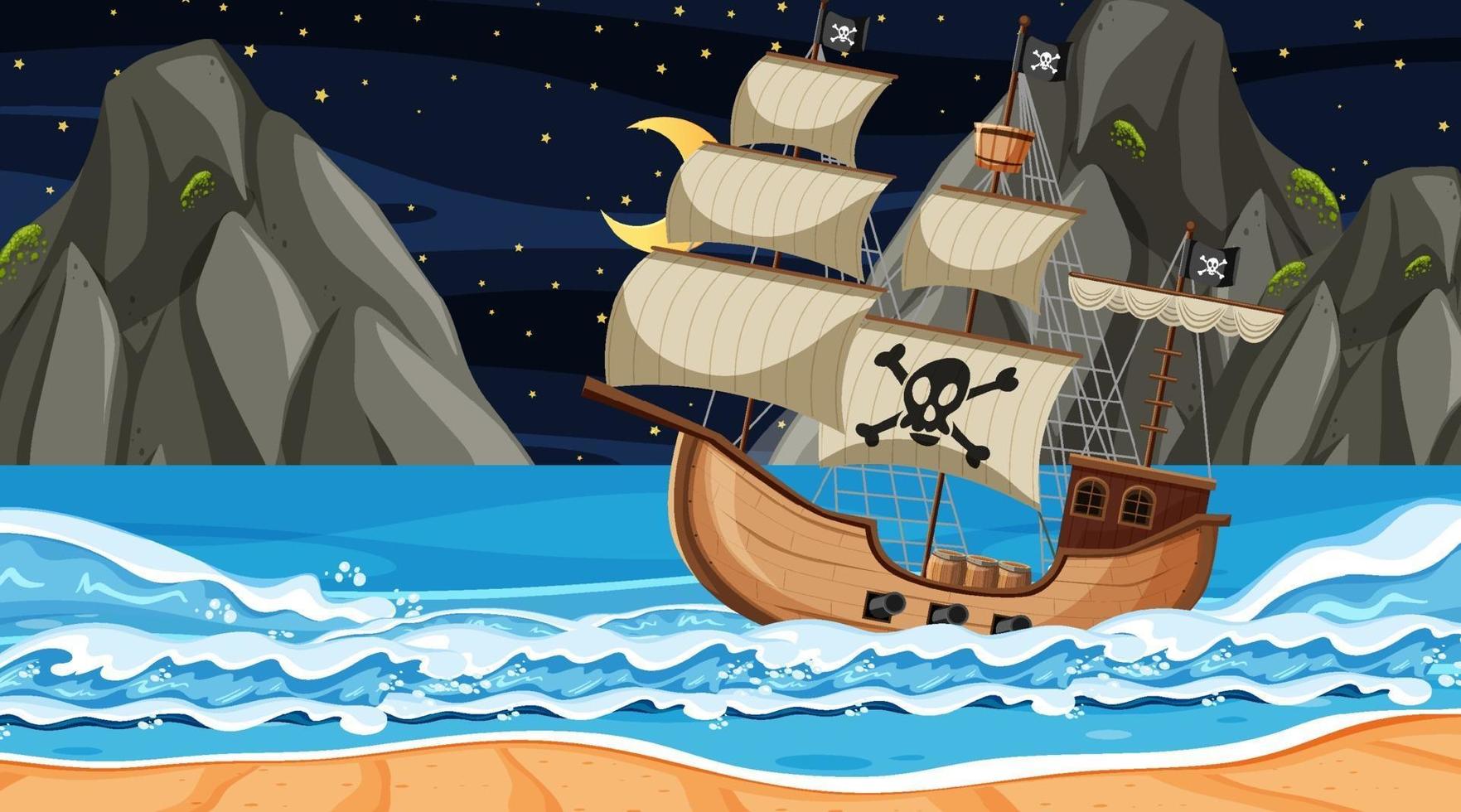 Ozean mit Piratenschiff bei Nachtszene im Karikaturstil vektor