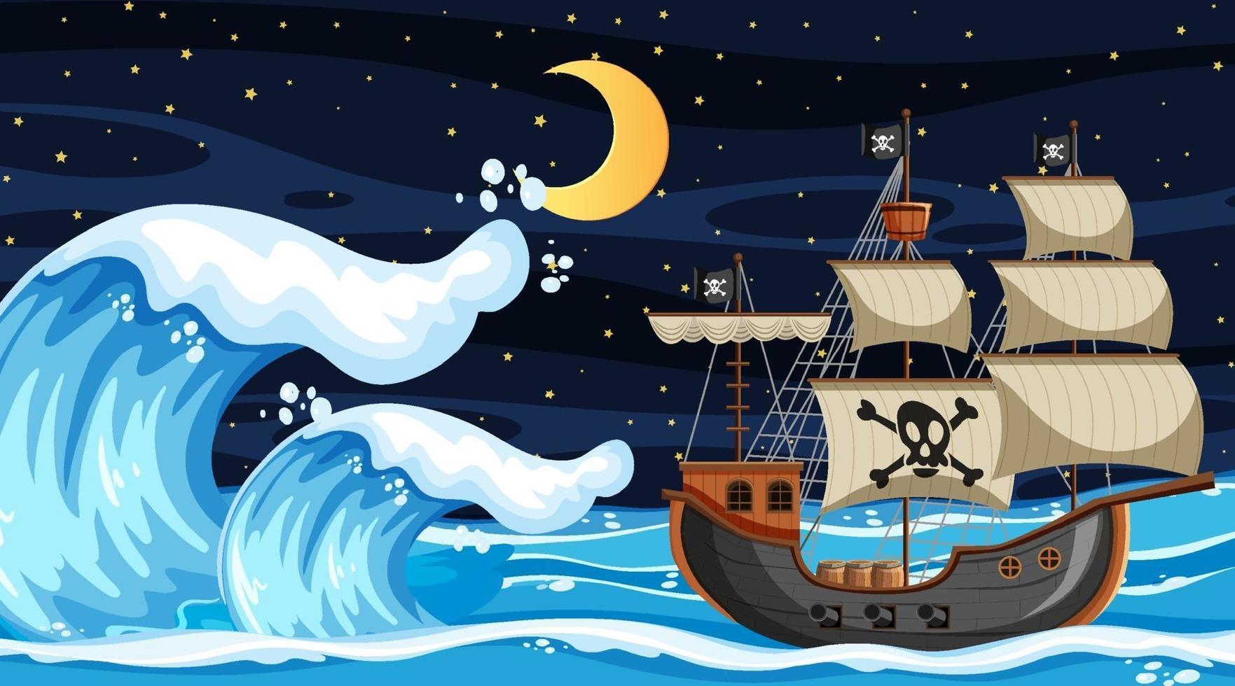 havsscen på natten med piratskepp i tecknad stil vektor