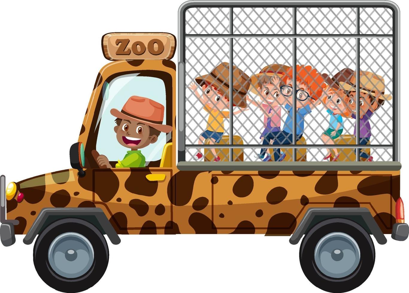 Zoo-Konzept mit Kindern auf Touristenauto lokalisiert auf weißem Hintergrund vektor