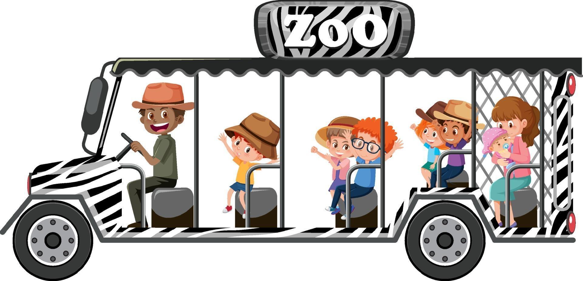 zoo-koncept med barn på turistbil isolerad på vit bakgrund vektor