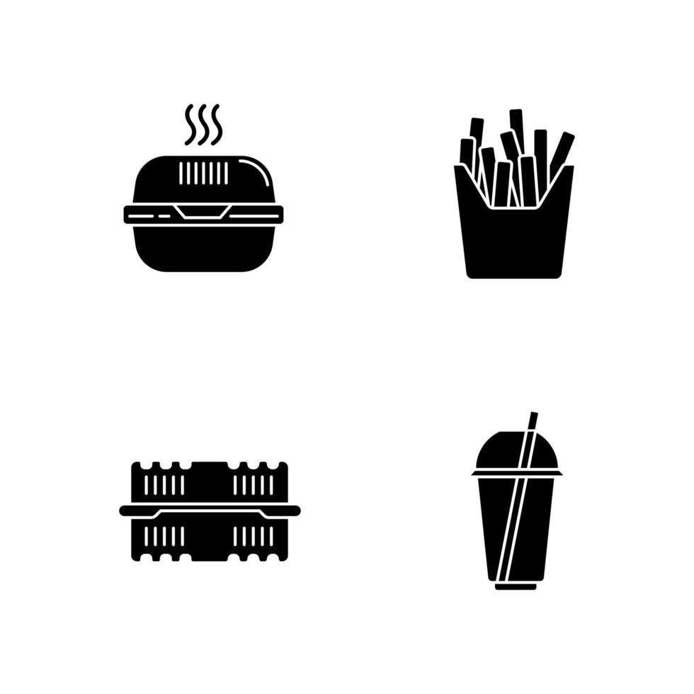 takeaway matpaket svart glyph ikoner som på vita utrymme vektor