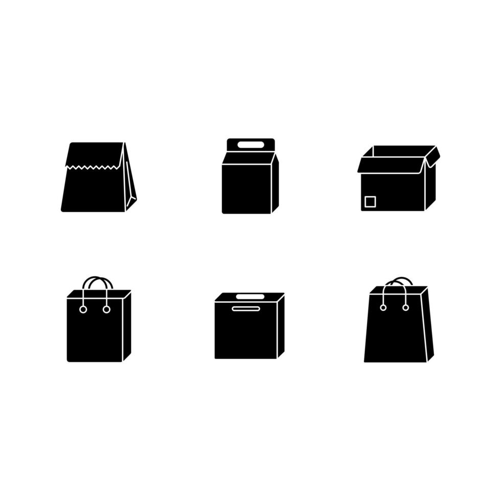 Papiernahrungsmittelpakete schwarze Glyphensymbole auf weißem Raum vektor
