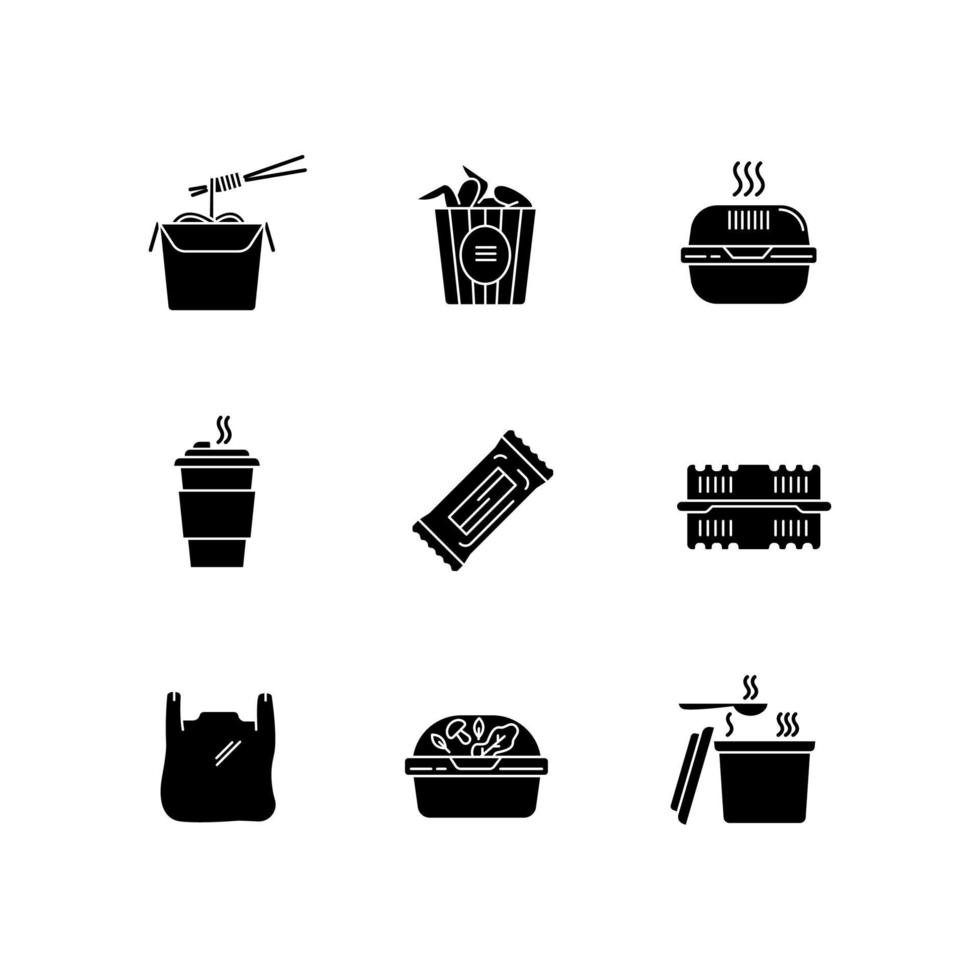 Essenspakete zum Mitnehmen schwarze Glyphensymbole auf weißem Raum vektor