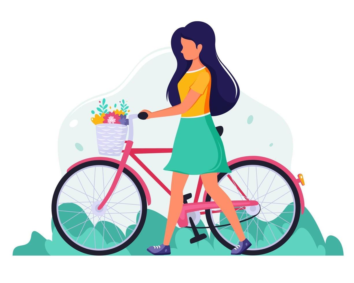 Frau mit Fahrrad mit Blumen im Korb. vektor