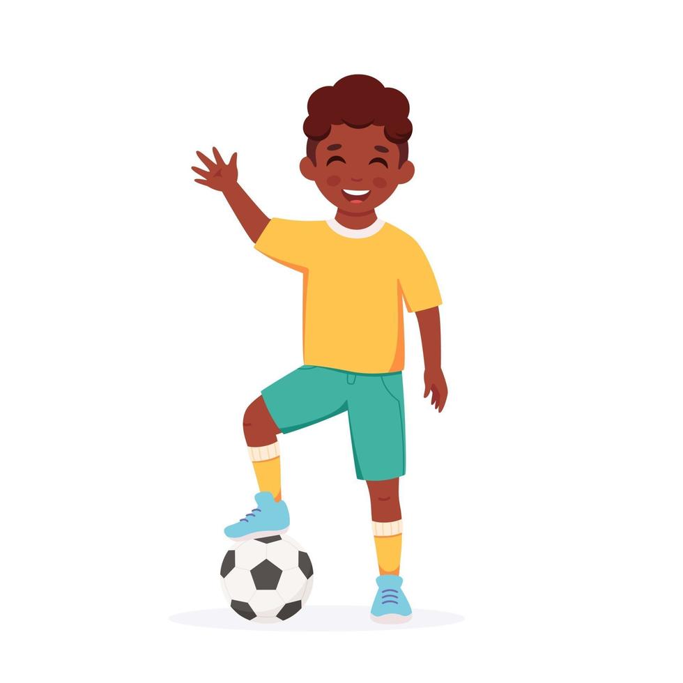schwarzer Junge, der Fußball spielt. Outdoor-Aktivitäten für Kinder vektor
