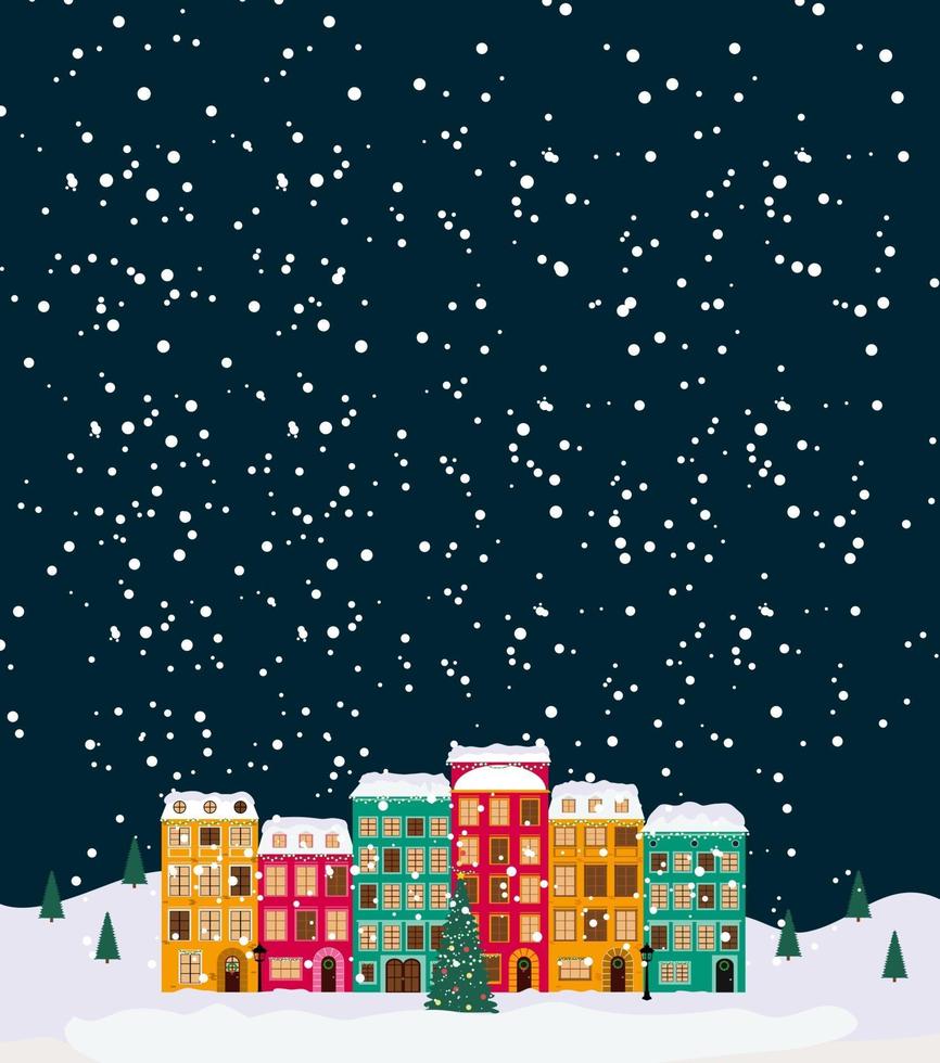 Frohe Weihnachten und ein glückliches neues Jahr Karte mit kleiner Stadt vektor
