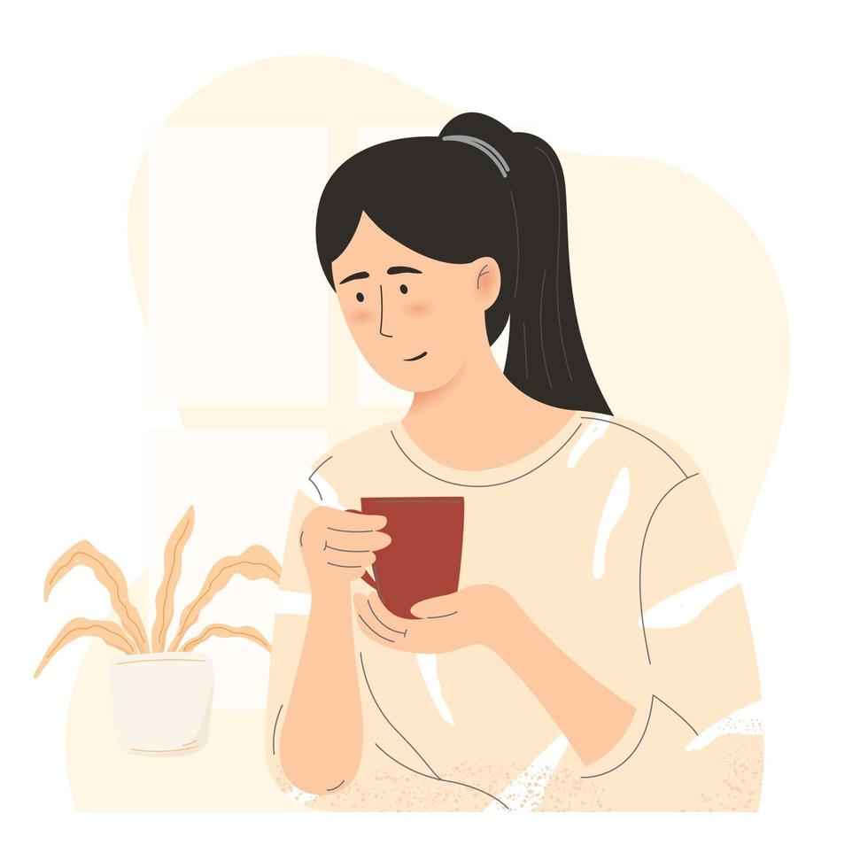 junges Mädchen trinkt Kaffee flache Illustration Morgenkaffee vektor