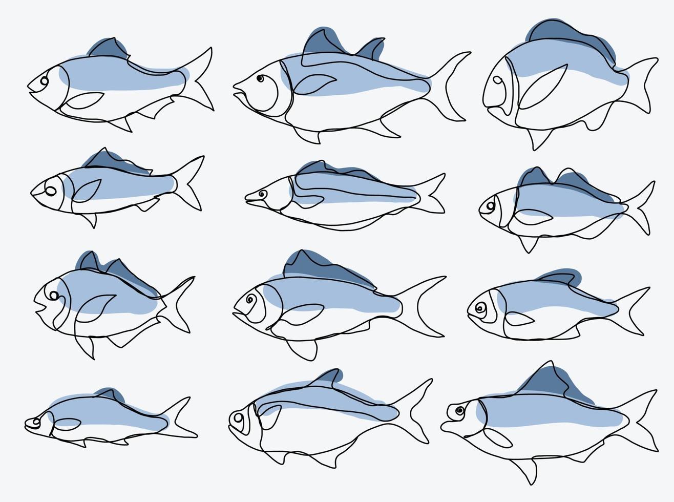 doodle frihand skiss kontinuerlig ritning av fisk samling. vektor