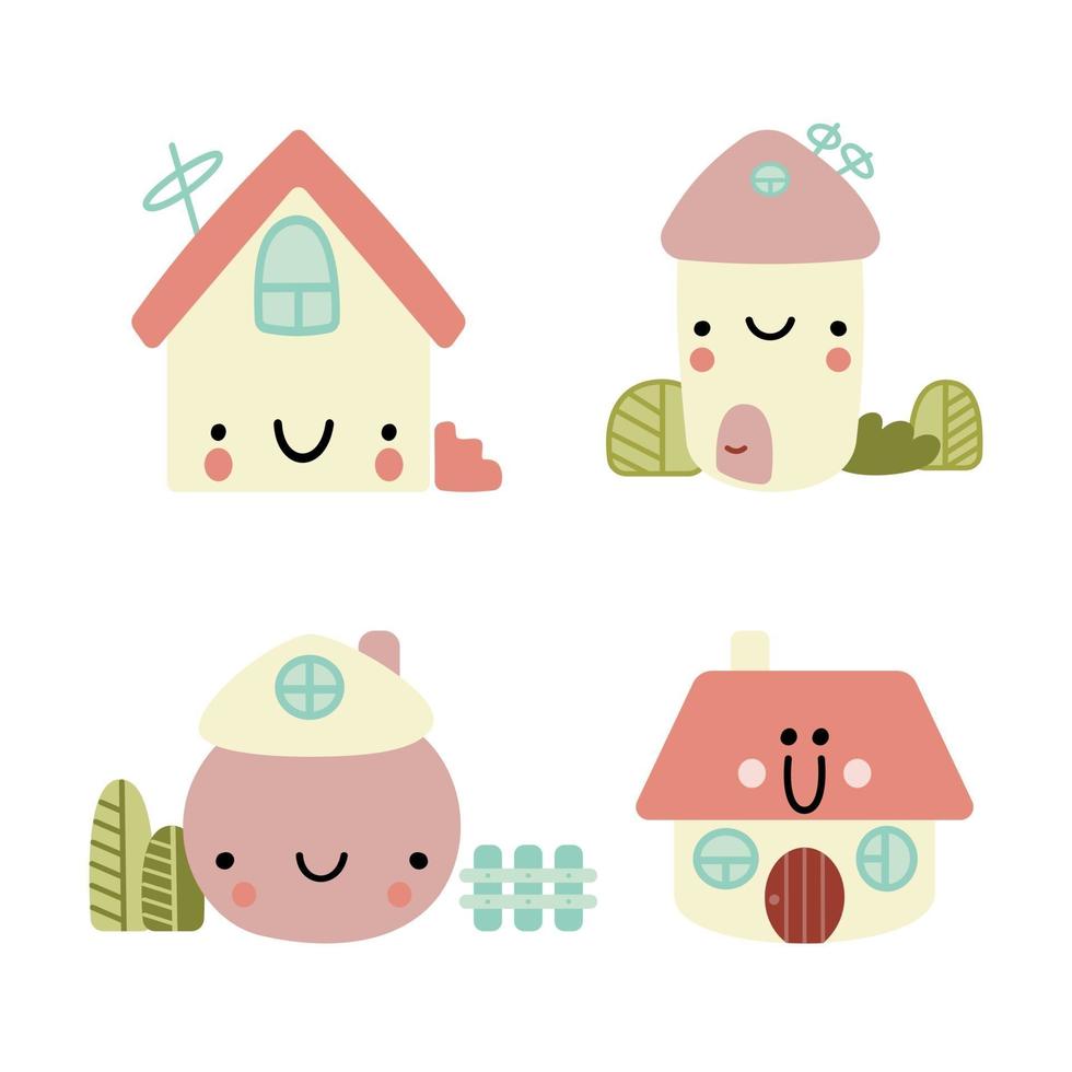 Reihe von süßen kleinen Häusern mit lustigen Gesichtern. vektor