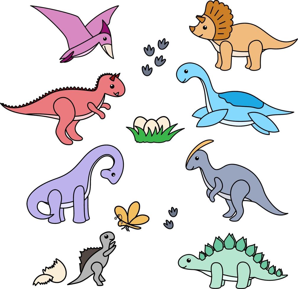 samling söta tecknade dinosaurier vektor