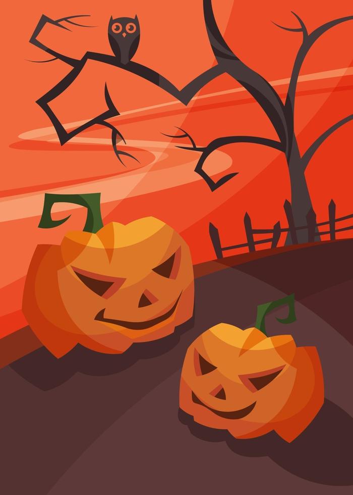 affisch med pumpahuvuden vid blodig solnedgång. halloween plakatdesign. vektor