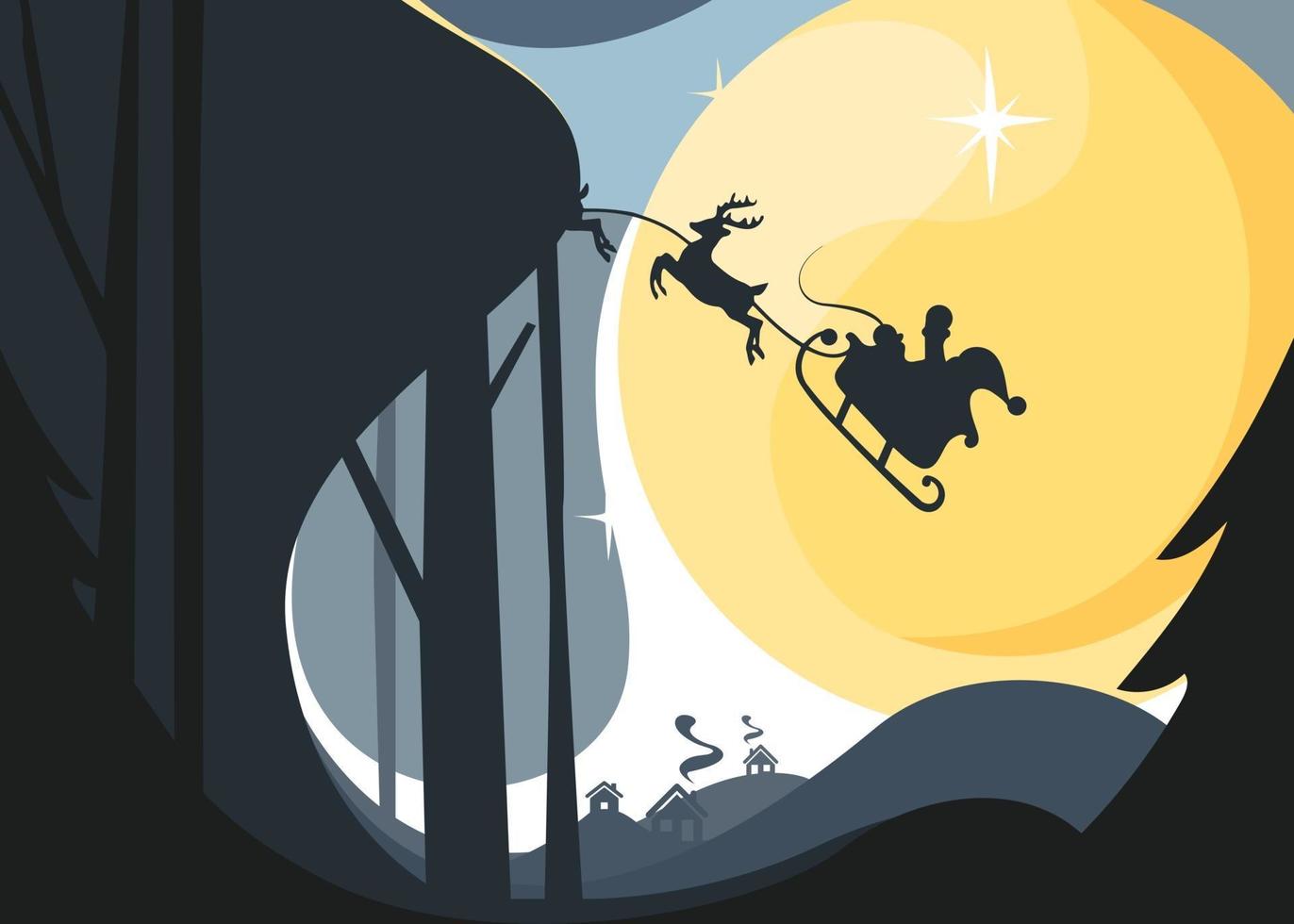 Santa fliegt im Schlitten mit Rentieren am Nachthimmel. Weihnachtsbanner. vektor