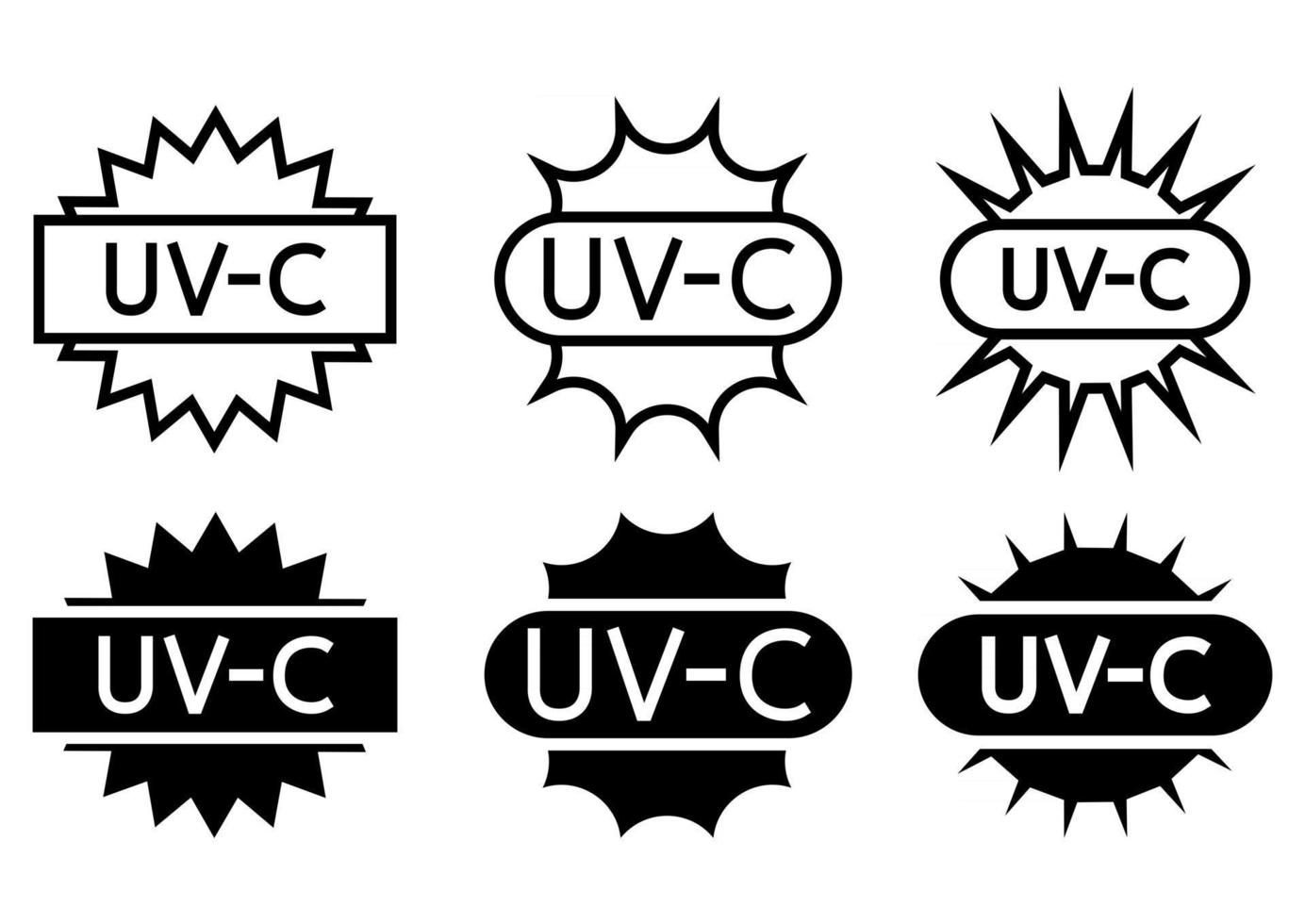 UV -steriliseringsstämpel. sanitetsanordning informationsskylt. UV -strålning, solens ultravioletta ikoner. antimikrobiell UV -sanitet. ytrengöringsmärken. vektor