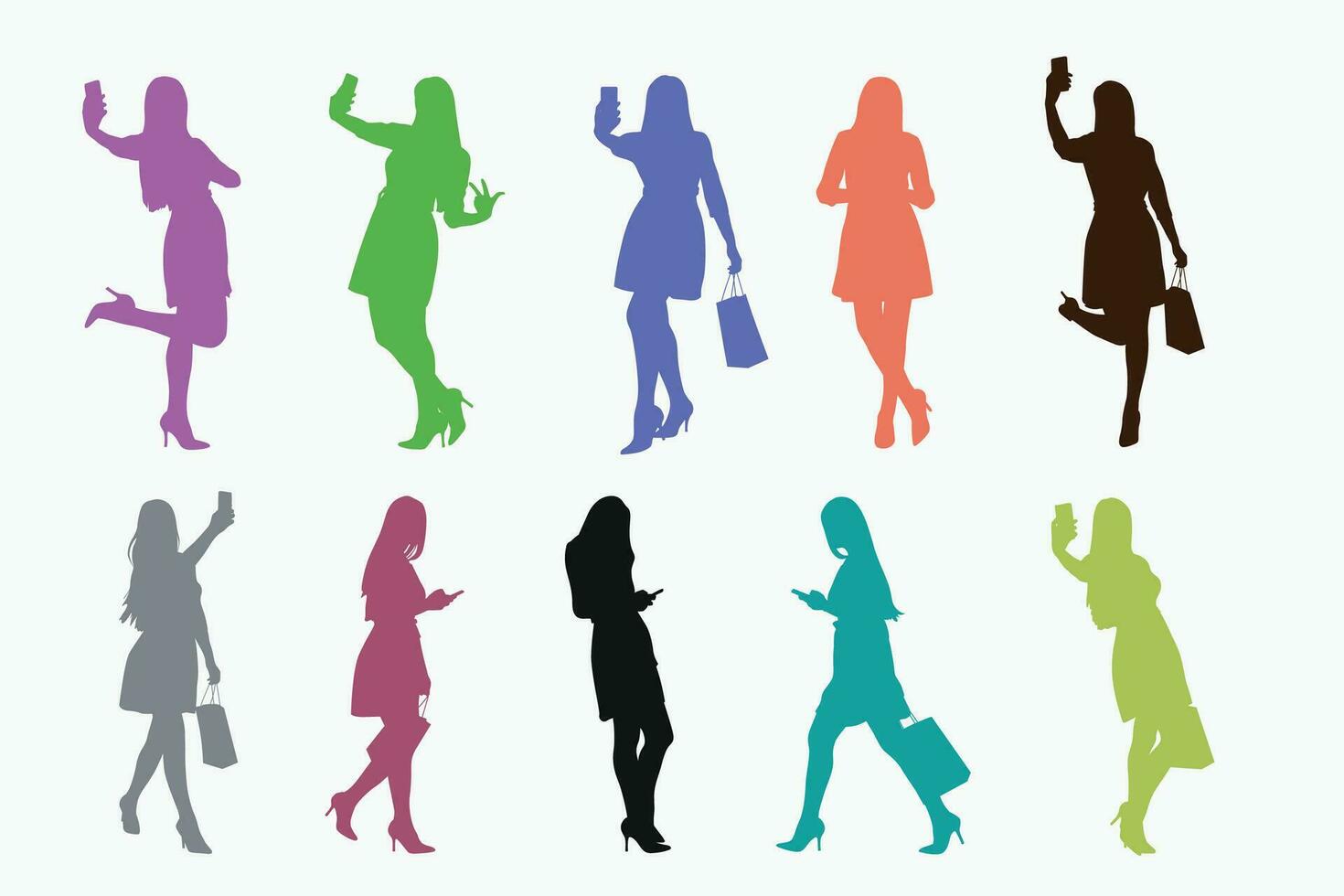 färgad silhuetter av kvinna med telefon i uppsättning vektor