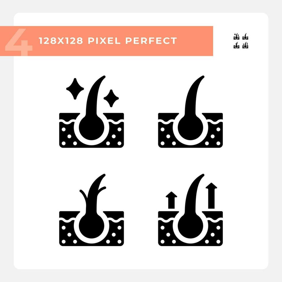 2d pixel perfekt glyf stil ikoner uppsättning representerar hårvård, enkel svart illustration. vektor