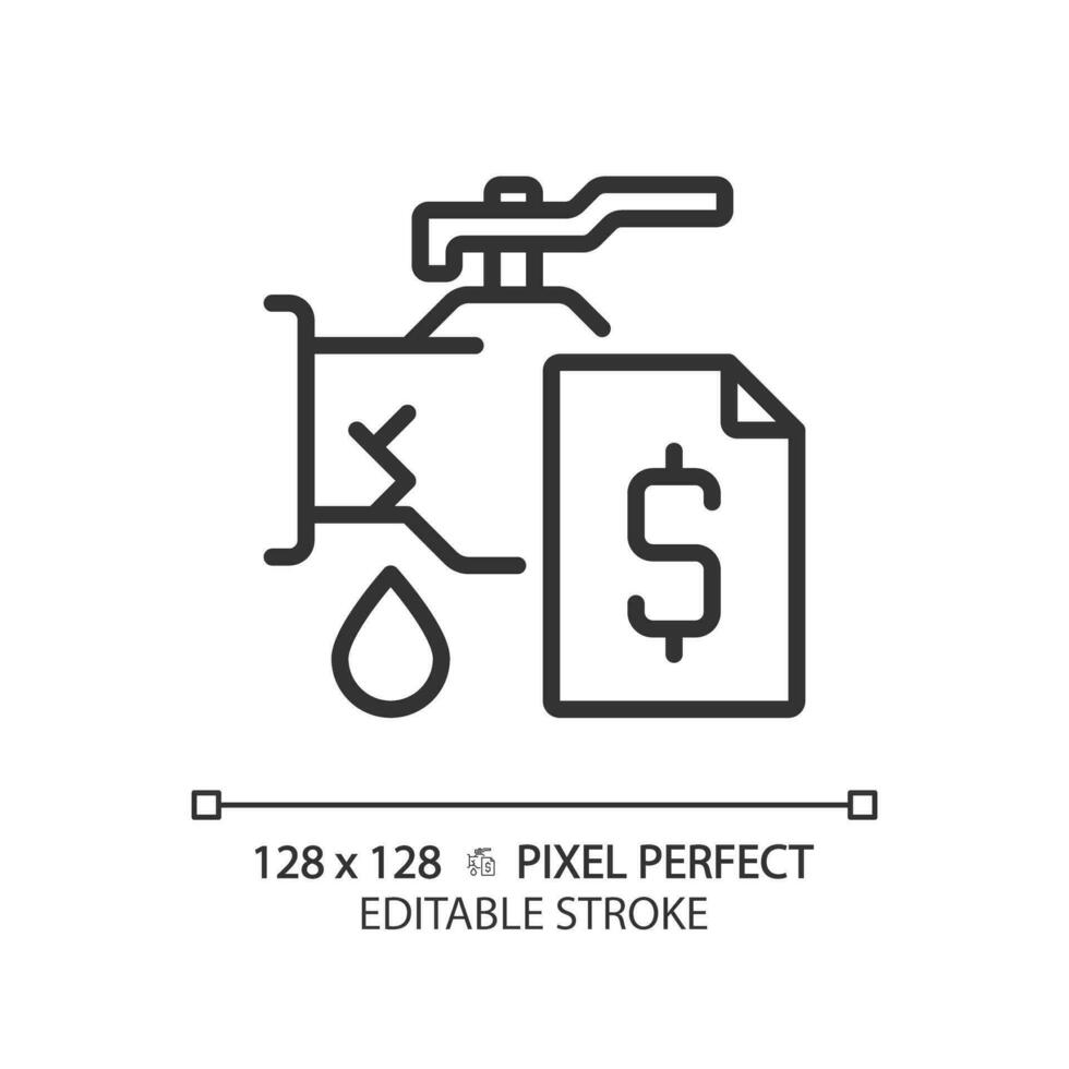 2d Pixel perfekt editierbar schwarz Rohr Leckage mit Dollar Symbol, isoliert Vektor, dünn Linie Illustration Darstellen Installation. vektor