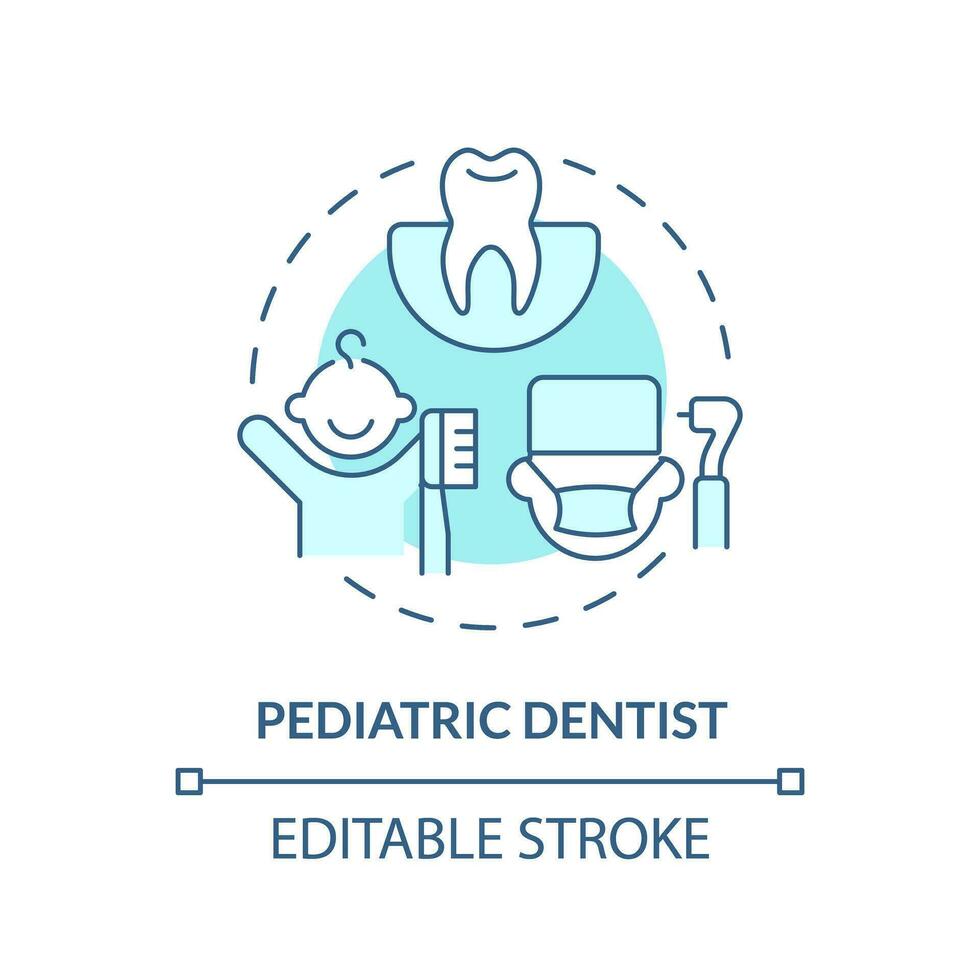 pädiatrisch Zahnarzt Türkis Konzept Symbol. Dental Klinik. Oral Gesundheit. Zähne Behandlung. Kinderbetreuung Center. medizinisch Pflege abstrakt Idee dünn Linie Illustration. isoliert Gliederung Zeichnung. editierbar Schlaganfall vektor