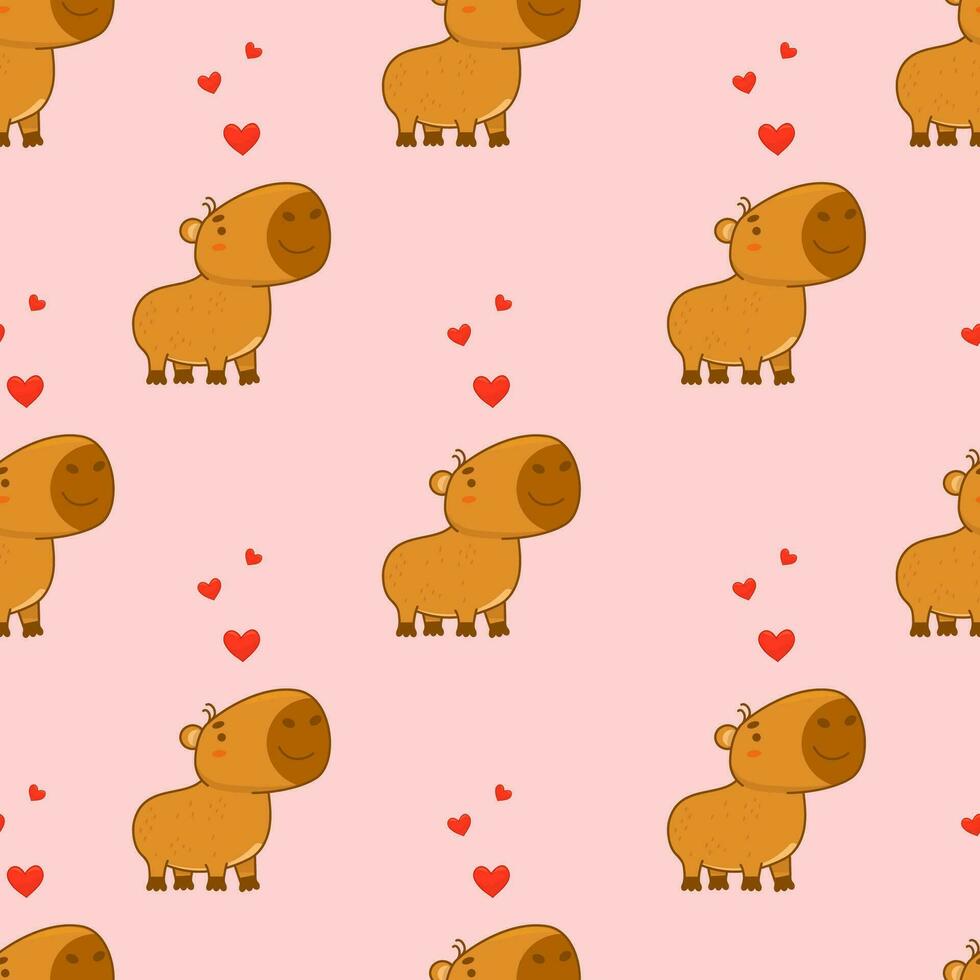 nahtlos Muster. süß Tier Capybara auf Rosa Hintergrund mit Herzen. Vektor Illustration zum festlich Design, Hintergrund, Verpackung, Textil. Kinder Sammlung.