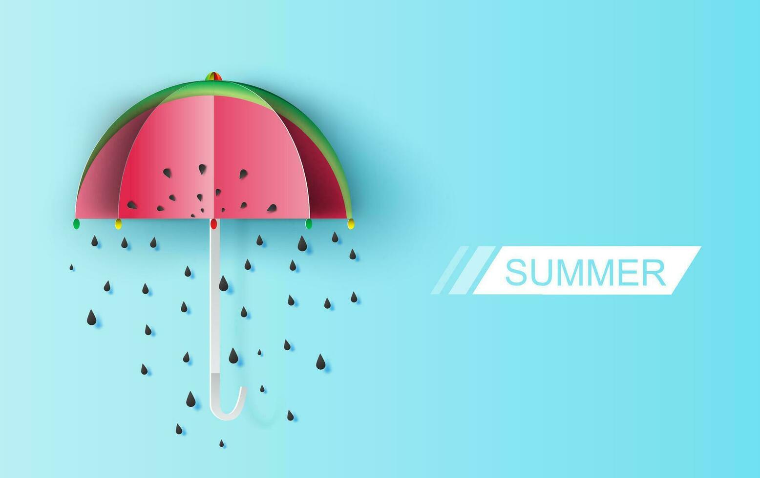 paraply söt av vattenmelon regn frön på blå bakgrund. kreativ papper skära och hantverk handla om härlig dag.festlig hälsning för affisch hjärtans dag för semester sommar kort begrepp vektor illustration