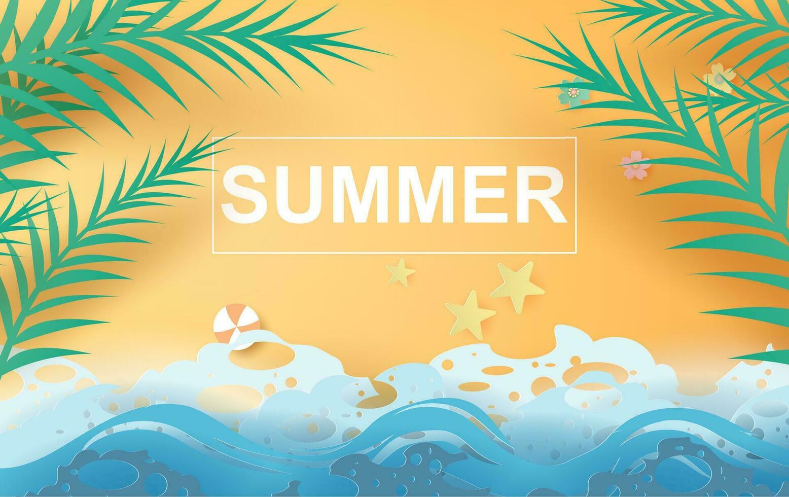 illustration av skön sommar strand affisch bakgrund. kreativ design papper skära och hantverk stil. sommartid hav Vinka för kort och banner.minimal pastell färg.semester .tropisk.vektor. eps10 vektor