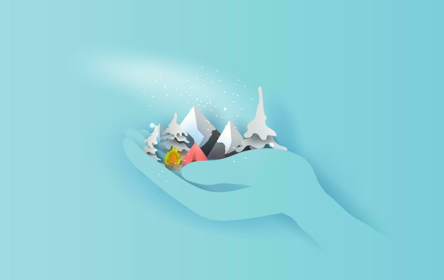 illustration av resa Semester tält camping resa vinter. människor hand concept.graphic för snöfall säsong papper skära och hantverk stil.kreativ design aning för jul dag, affisch, kort, vector.eps10. vektor