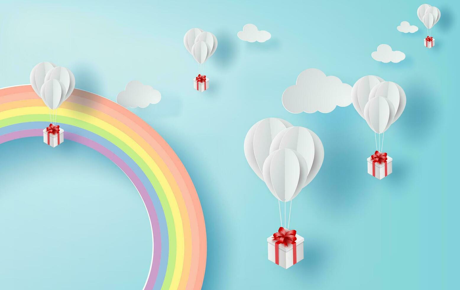 Papier Kunst und Kunst von Ballon Weiß schwebend auf Himmel, Ballon mit Geschenk Box schwebend auf Luft Blau Hintergrund, glücklich Neu Jahre und fröhlich weihnachten, fest Konzept, Regenbogen Farbe verwenden Pastell- Süss Vektor