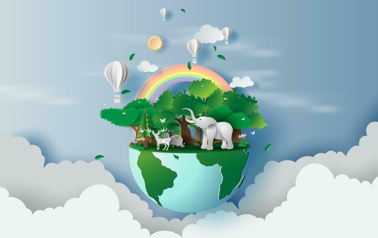 illustration av ren i grön skog, kreativ värld miljö och jord dag koncept.landskap vilda djur och växter med elefant i grön natur växt förbi område runt om ballonger på himmel. papper skära ,craft.vector vektor