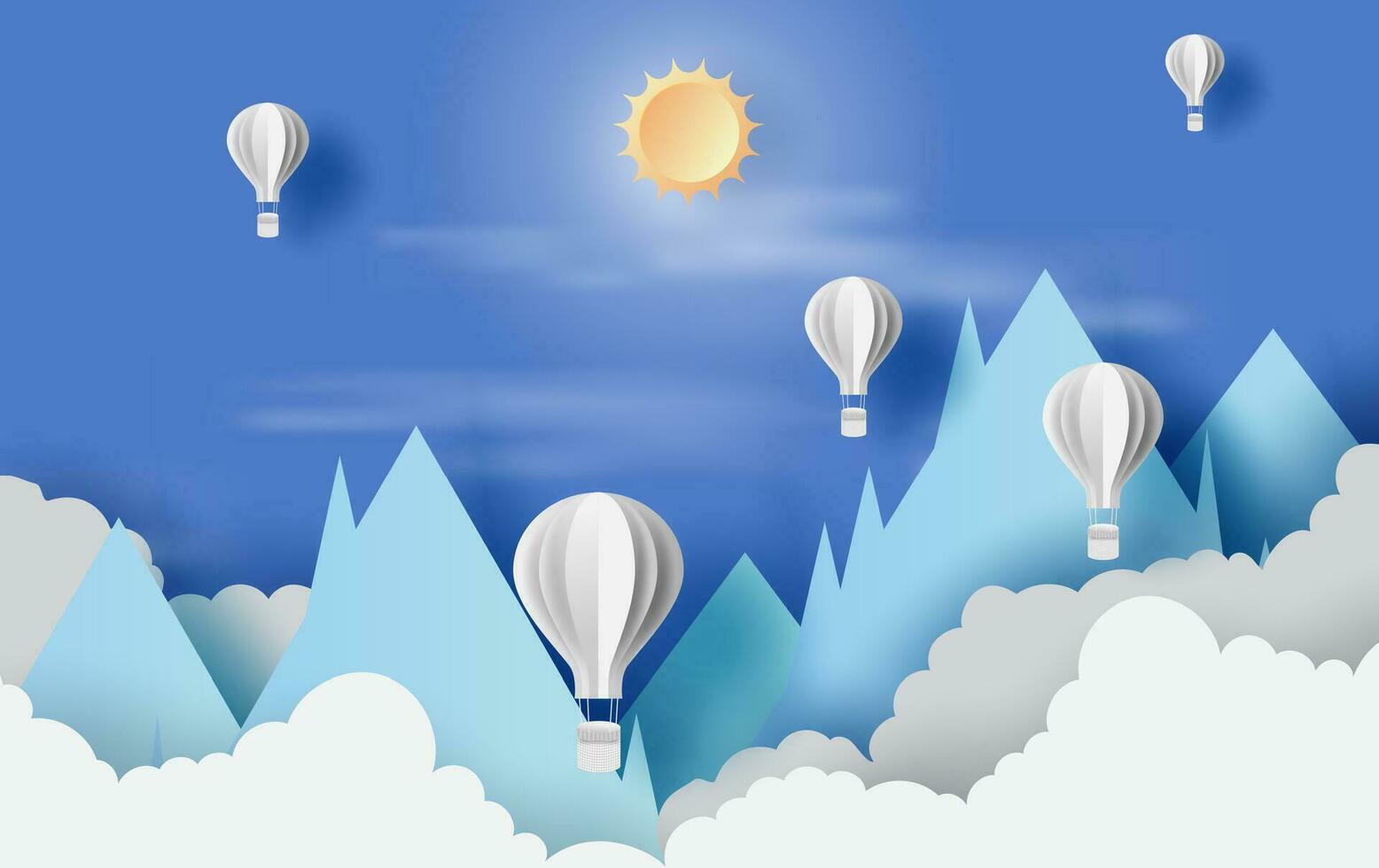 Illustration von Wolkenlandschaft Berg Aussicht mit heiß Luft Weiß Luftballons schweben oben im das Blau Himmel Sonnenlicht auf Papier Kunst. Landschaft Aussicht Szene zum Ferien im Urlaub. Papier Schnitt und Handwerk. Vektor eps10
