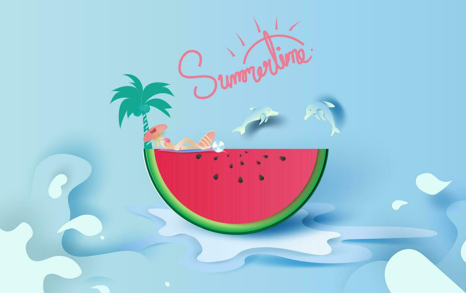 Sommer- Jahreszeit Konzept Scheibe von Wassermelone auf Blau Wasser Splash.Hallo Sommer.Frauen sind Sonnenbaden. Delfine sind Springen von das Wasser surface.creative Papier Schnitt und Handwerk. Grafik Vektor. Illustration vektor