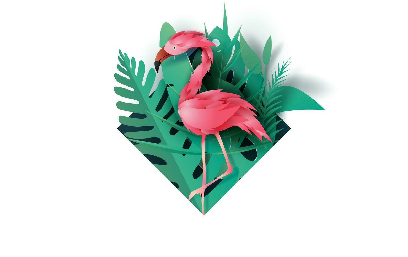 Verkauf Sommer- Rahmen Banner mit Rosa Farbe Flamingo auf tropisch Blatt exotisch Hintergrund, minimal einfach Design zum karte.kreativ Design Papier Schnitt und Kunst Stil, grün Urwald Vektor Illustration eps10