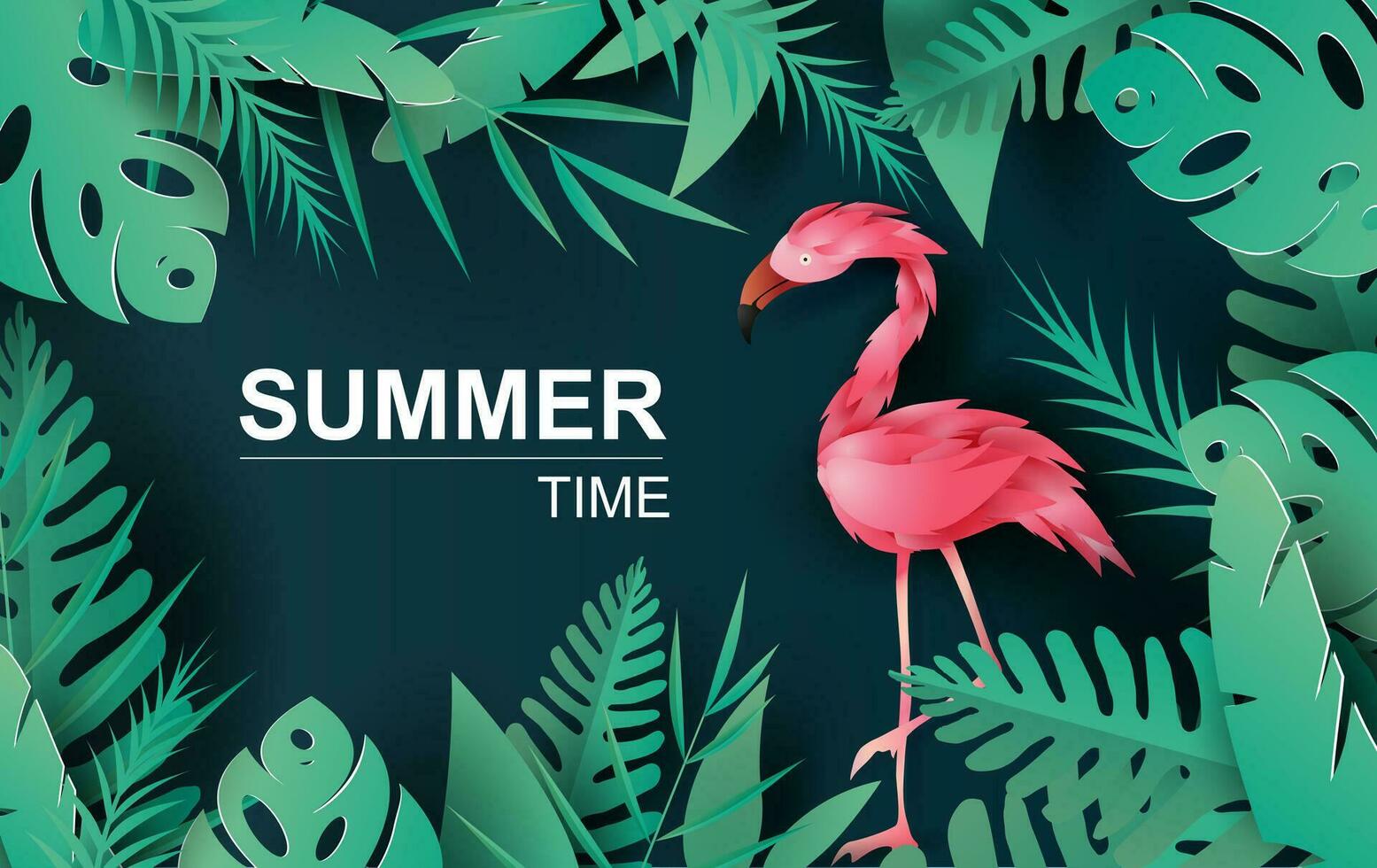 försäljning sommar baner med flamingo på tropisk exotisk bakgrund, minimal enkel design för affisch, flygblad, inbjudan, kort, webb site.creative design papper skära stil, grön djungel vektor illustration eps10