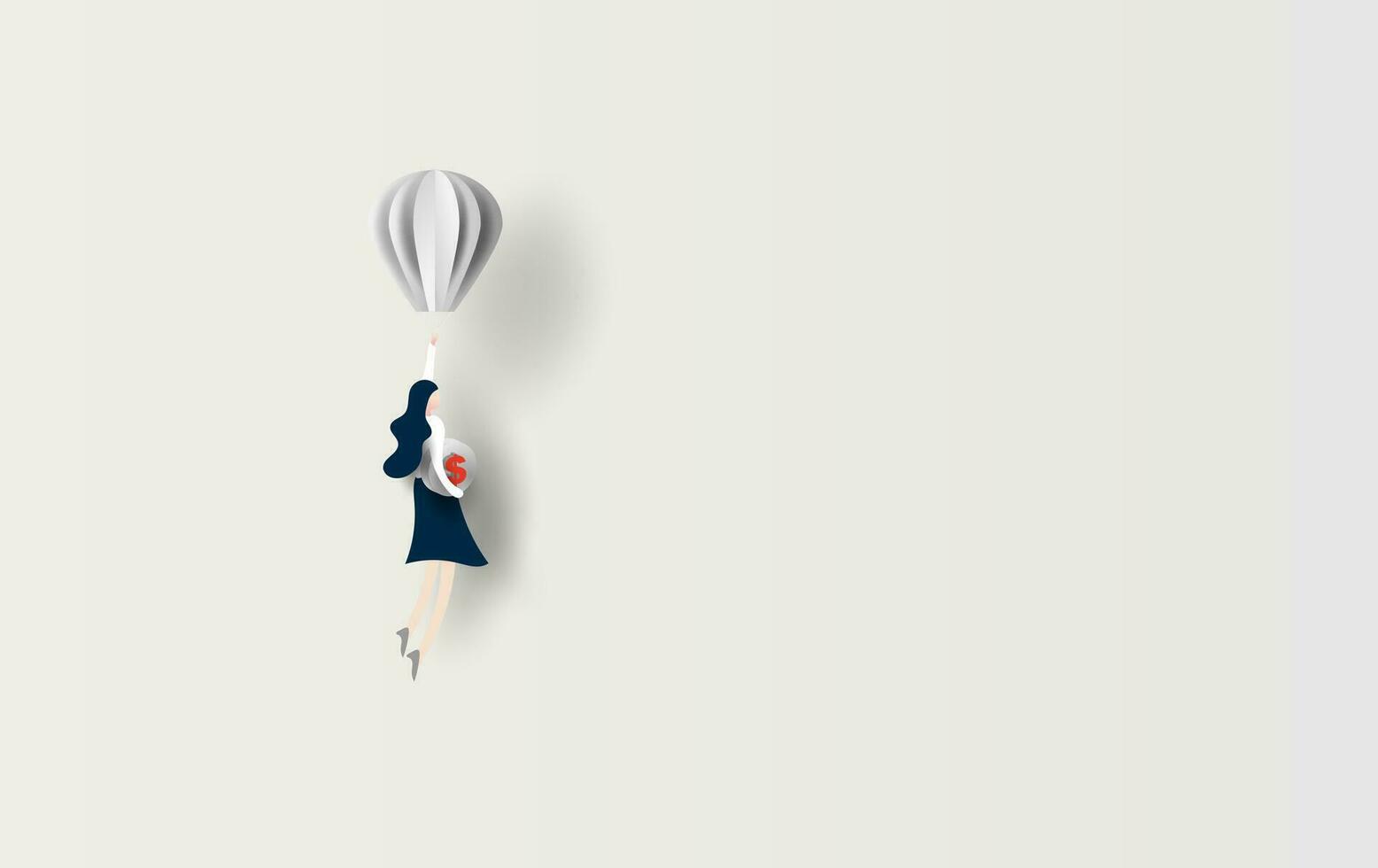 Geschäft Konzept Idee.Frau fliegend mit Ballon halt Dollar Münze. Symbol von innovation.start oben zum Erfolg.Mädchen entdecken Beste Idee Grafik Weiß isolieren Papier Schnitt und Kunst zum Karte Vektor Illustration