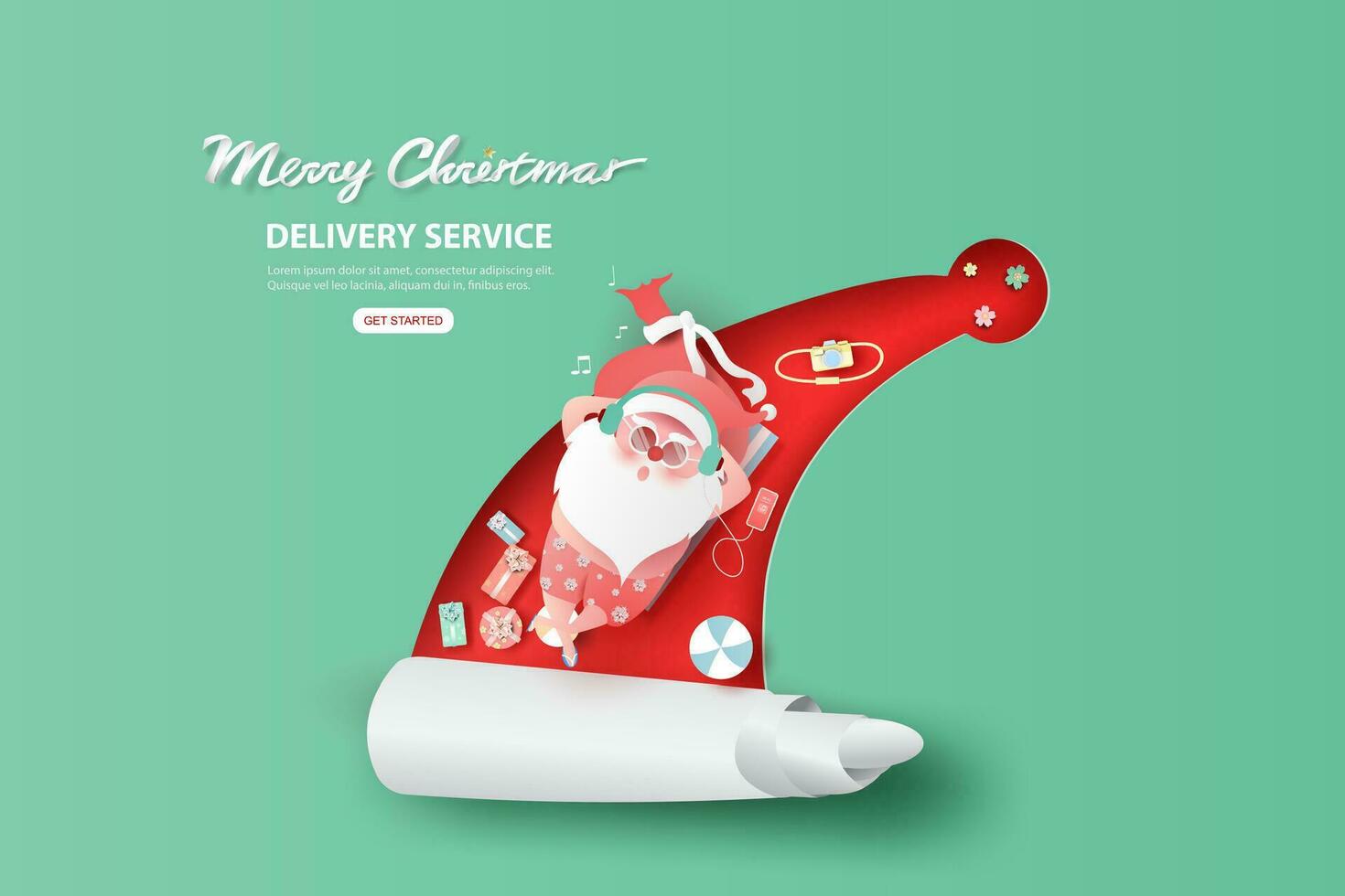 Sommer- Santa claus Weihnachten Tag Juli im kurze Hose auf Hut Konzept.Lieferung Bedienung süß Karikatur Charakter zum Weihnachten Design auf hintergrund.kreativ Papier Schnitt und Kunst style.web Vektor Illustration eps10