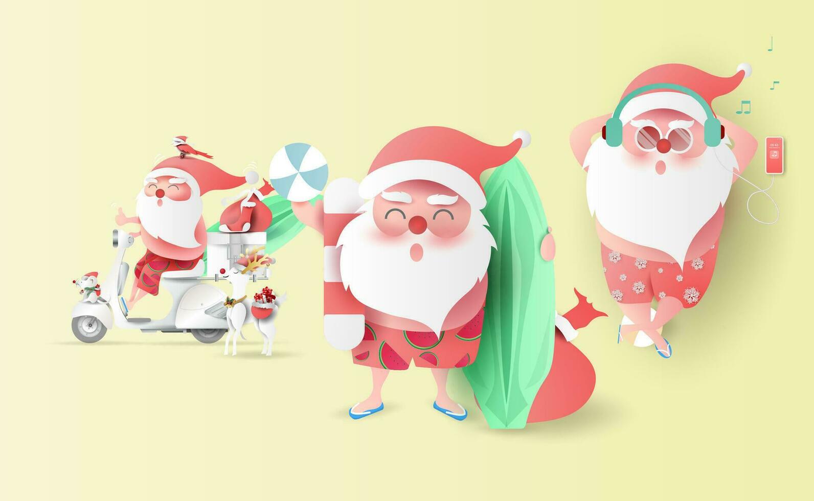 Sommer- Santa claus Weihnachten Tag Juli im kurze Hose Lächeln auf Strandlieferung Bedienung süß Karikatur Charakter zum Weihnachten Design isoliert auf hintergrund.kreativ Papier Schnitt und Kunst style.set Vektor Illustration