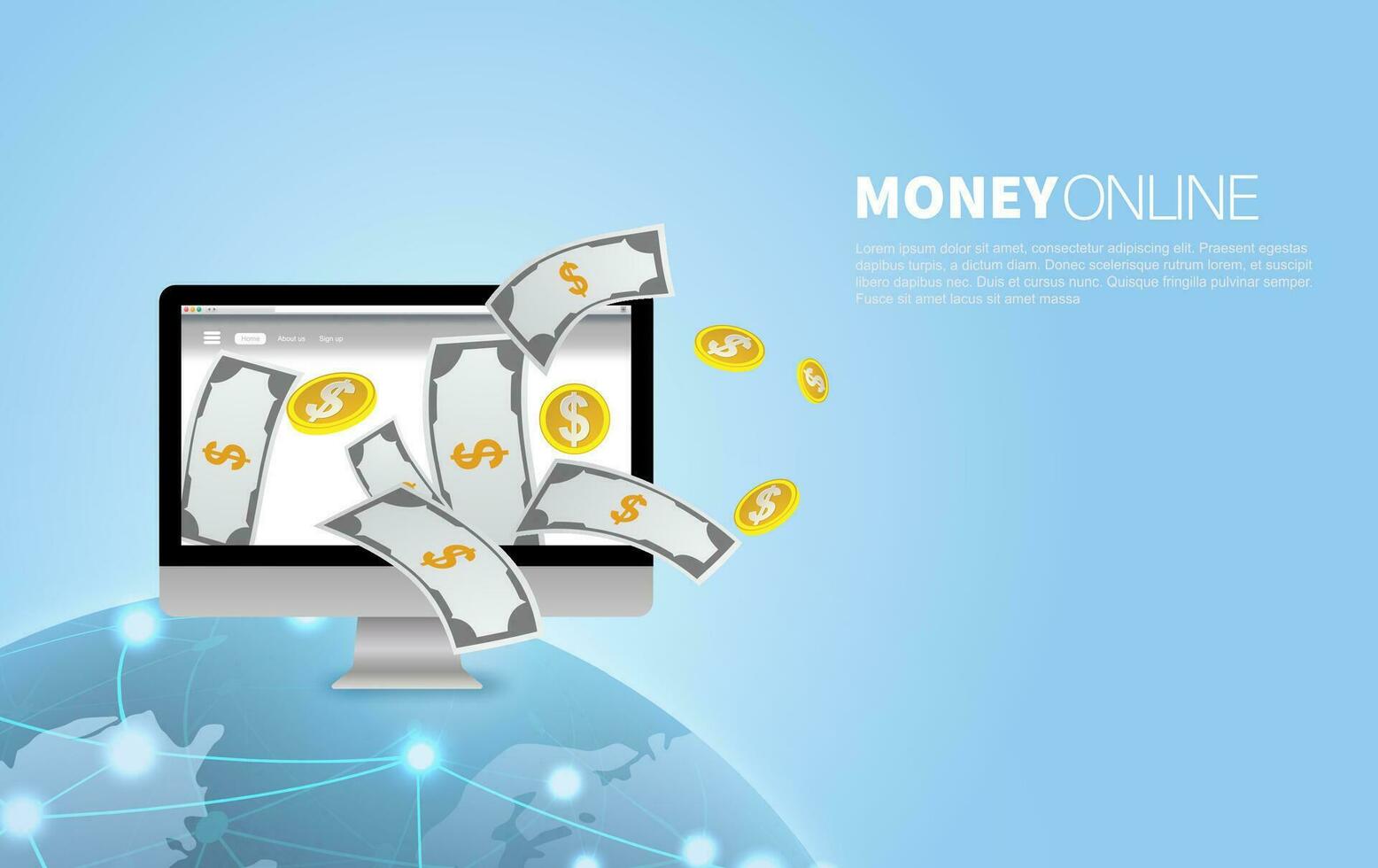 verdienen Computer Geld online modern. Vektor Illustration zum Netz Banner.web Websites und Landung Seiten und Sozial Medien. Grafik Element Technologie Zahlung Geschäft Konzept.Marketing E-Commerce Finanzen.