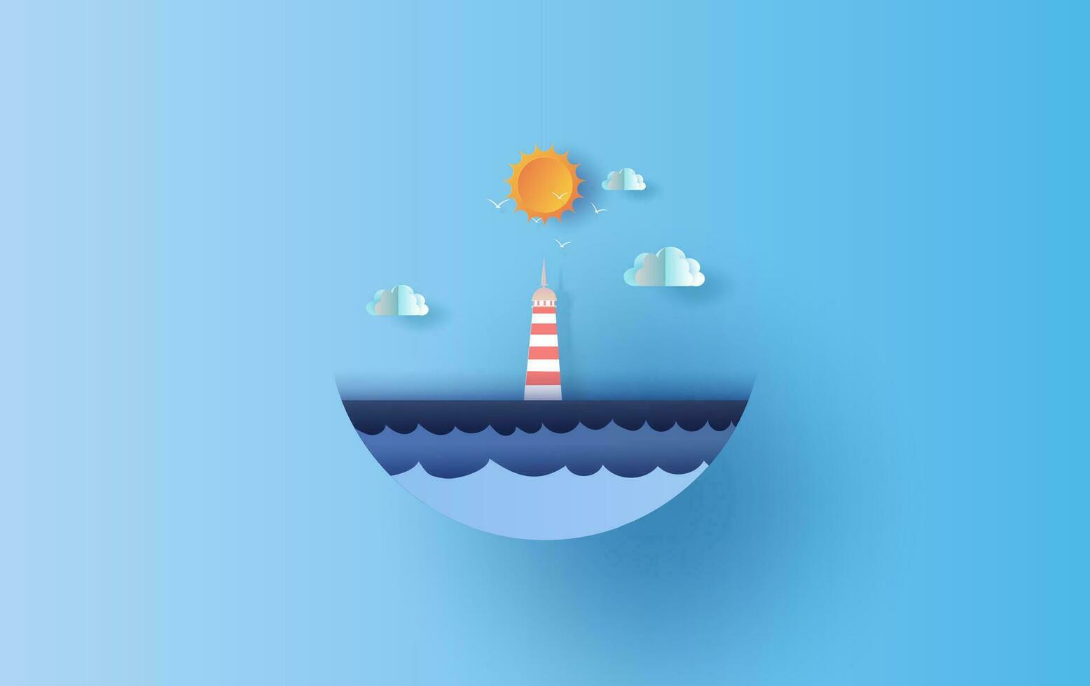 Leuchtturm von Meer Aussicht mit ein schwebend Segeln Boot im das klar Sonne Beleuchtung Blau himmel.landschaft Sommer Jahreszeit.Sommer Poster mit Druckpapier Kunst und Kunst Stil im Kreis mit Schatten.Vektor eps10 vektor