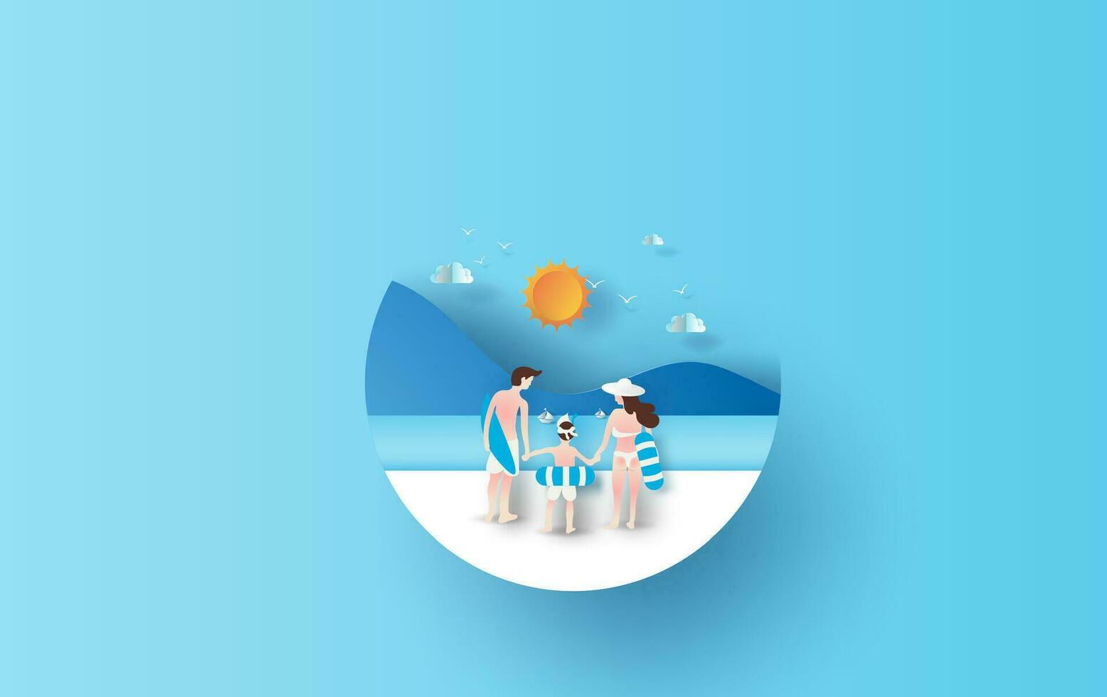 Illustration von Rückseite Aussicht jung Familie haben glücklich Spaß auf das Strand.Menschen Tauchen im Gummi schwimmen Ring. bunt Pastell- einfach. Sommer auf Meer Aussicht Papier Schnitt und Kunst Konzept.Kreis Idee.Vektor vektor