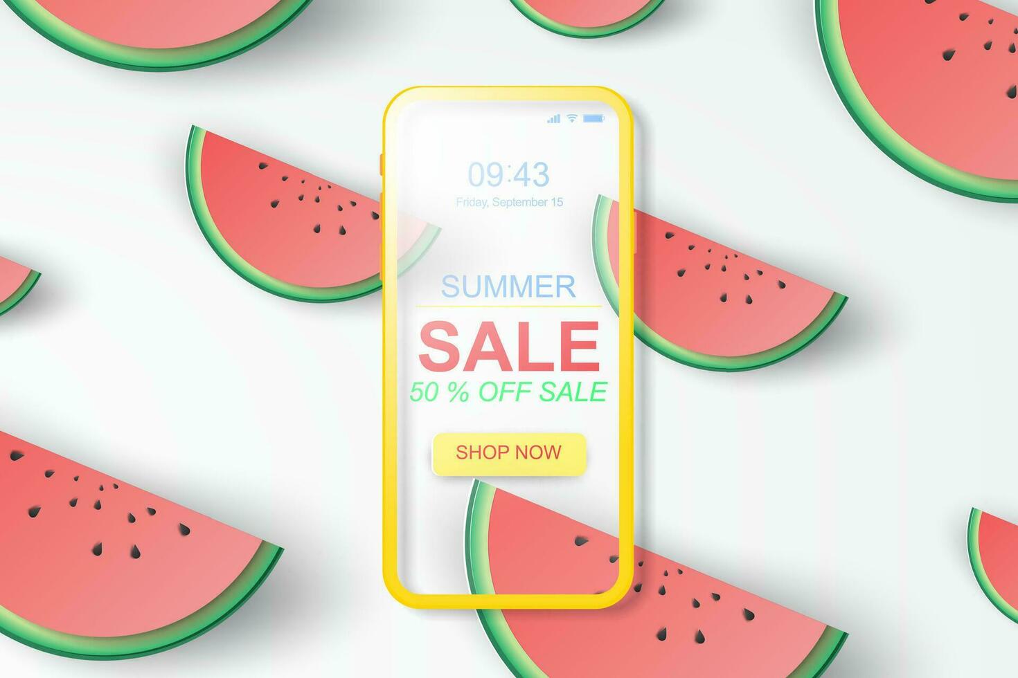 Papier Kunst und Kunst Stil von Sommer- Verkauf Banner mit Wassermelone.Smartphone Einkaufen online Konzept Besondere Angebot.Urlaub Jahreszeit Beförderung Dekoration Raum Werbung Vektor Illustration eps10