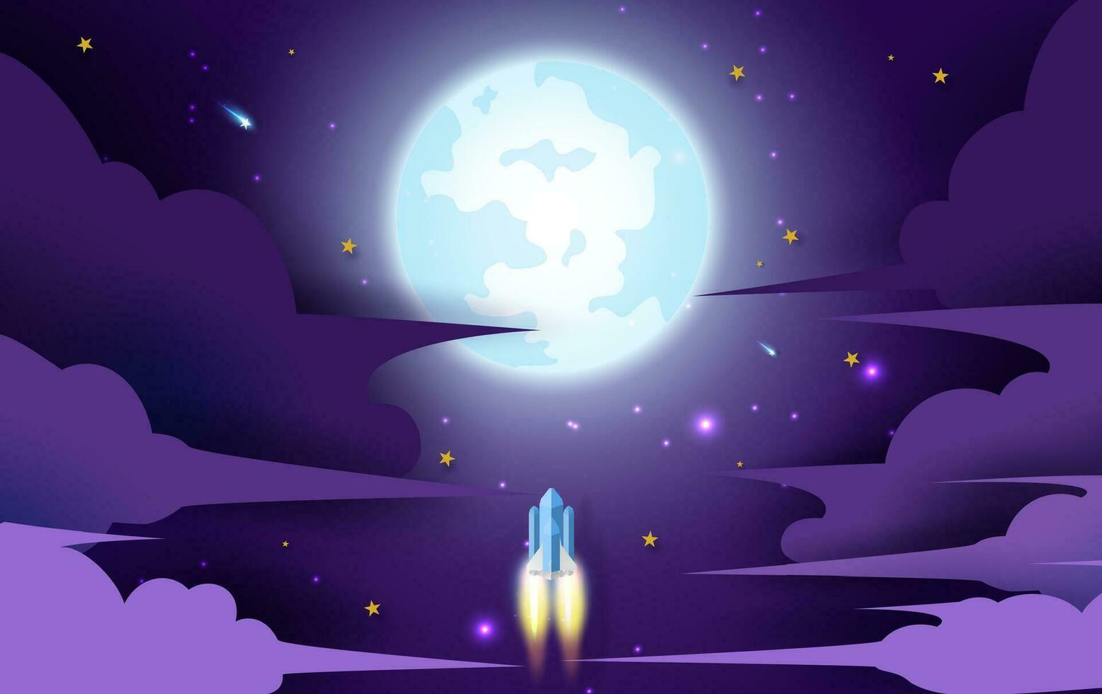 raket flygande i de stjärna till de full måne. papper konst och hantverk stil design. illustration för företag börja begrepp på mörk natt bakgrund för affisch eller baner. Plats raket lansera och galax. vektor